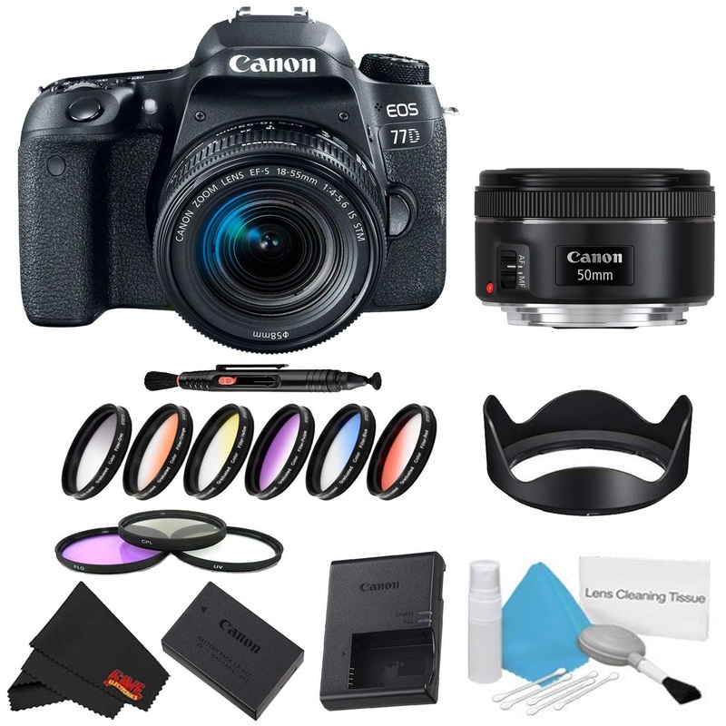 Canon EOS 77D DSLR Camera with 18-55mm Lens Bundle w/ 9 Piece Filter Kit + 50mm Lens (International Model)