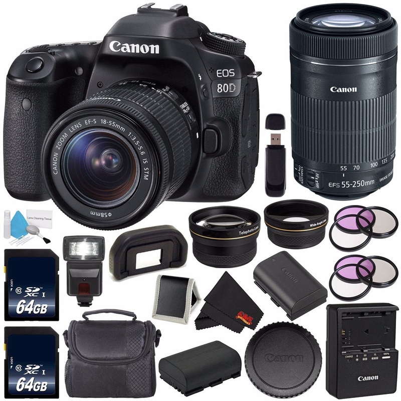 Canon EOS 80D DSLR Camera with 18-55mm Lens 1263C005 (International Version) + Canon EF-S 55-250mm Lens + 64GB SDXC Card