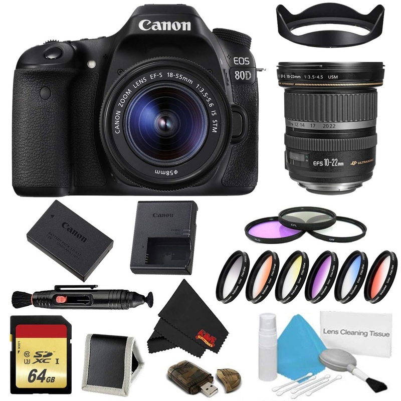 Canon EOS 80D DSLR Camera with 18-55mm Lens Bundle w/ 9 Piece Filter & Memory Kit + 10-22mm Lens (International Model)