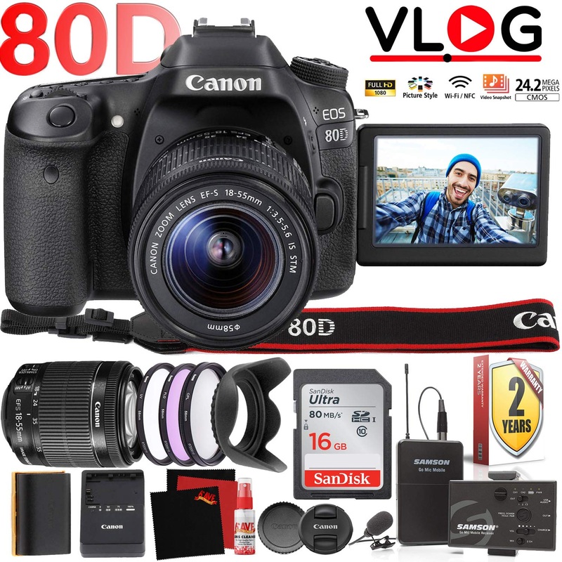 Canon EOS 80D DSLR Camera with Flip Screen and 18-55mm Lens and Wireless Microphone and Transmitter - HD Video Vlogging