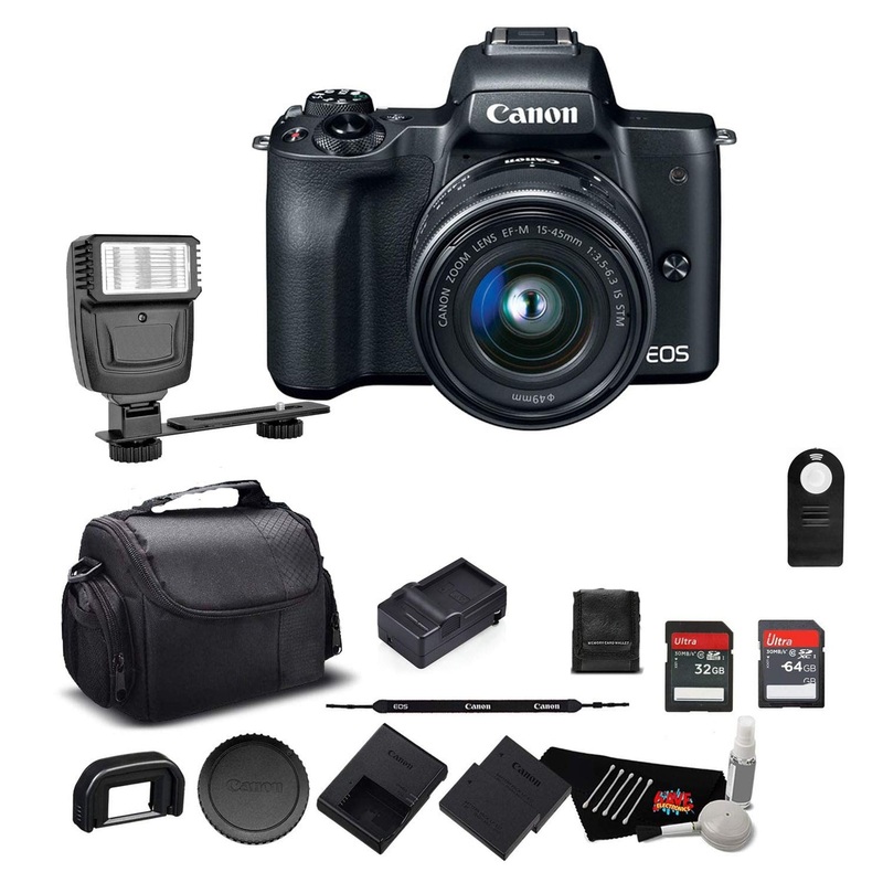 Canon EOS M50 Mirrorless Digital Camera with 15-45mm Lens and 4K Video 2680C011 Bundle w/Memory Cards, Digital Slave Fla