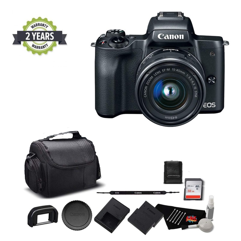 Canon EOS M50 Mirrorless Digital Camera with 15-45mm Lens and 4K Video 2680C011 Bundle with 32GB Memory Card + Spare Bat