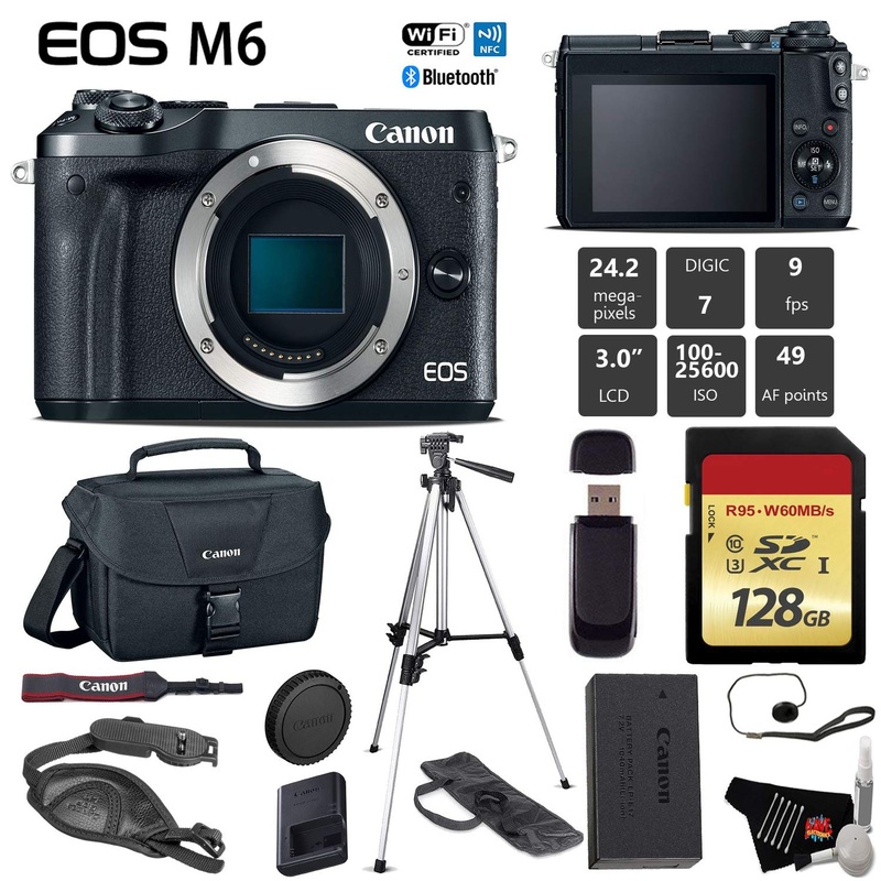 Canon EOS M6 Mirrorless Digital Camera (Black, Body Only) + 128GB Class 10 Memory Card + Canon Camera Case + Full Size T