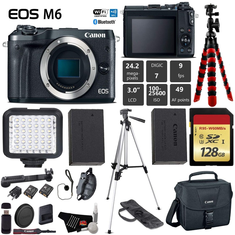 Canon EOS M6 Mirrorless Digital Camera (Black, Body Only) + 128GB Class 10 Memory Card + LED + Canon Camera Case + Flexi
