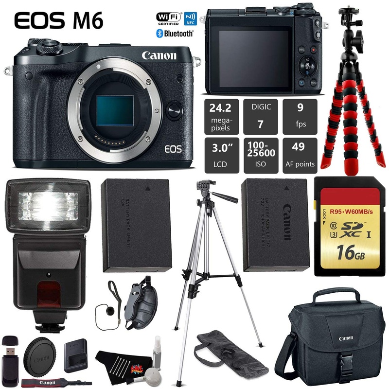 Canon EOS M6 Mirrorless Digital Camera (Black, Body Only) + 16GB Class 10 Memory Card + Flash + Canon Camera Case + Flex