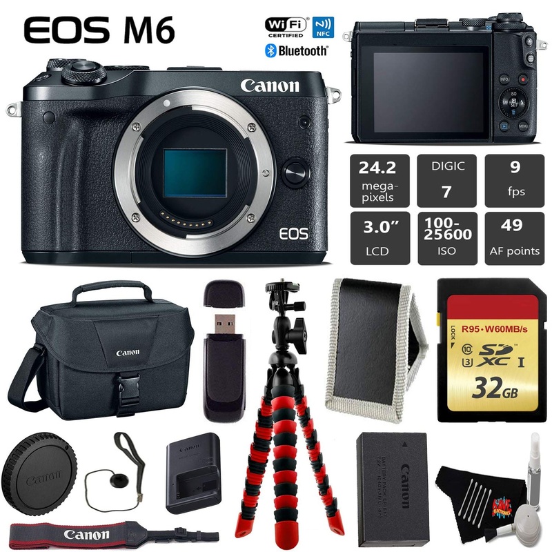 Canon EOS M6 Mirrorless Digital Camera (Black, Body Only) + 32GB Class 10 Memory Card + Canon Camera Case + Flexible Tri