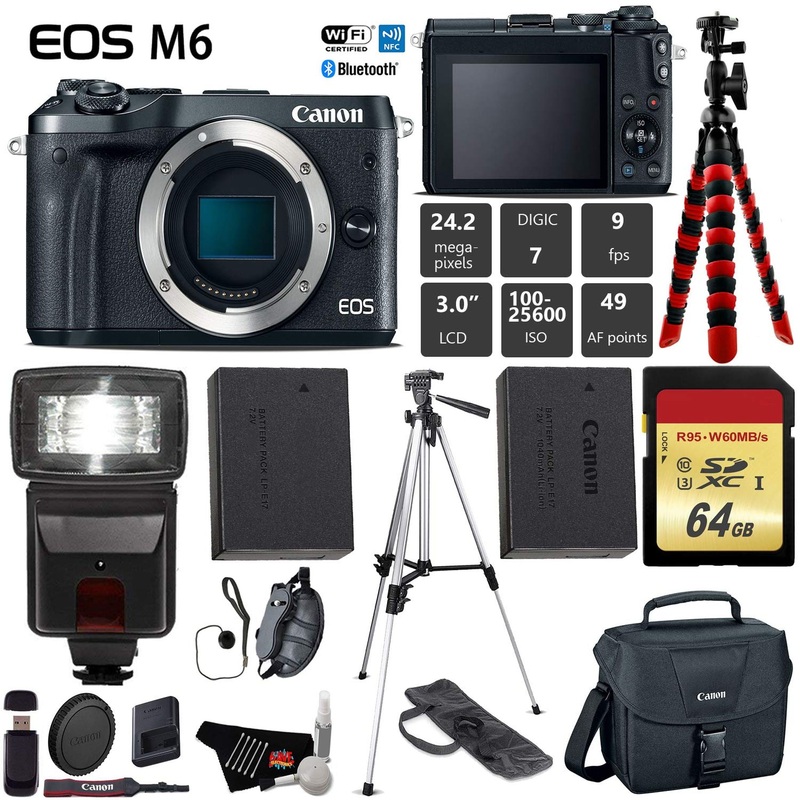 Canon EOS M6 Mirrorless Digital Camera (Black, Body Only) + 64GB Class 10 Memory Card + Flash + Canon Camera Case + Flex