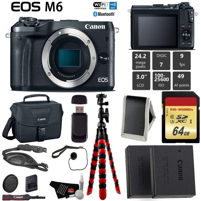 Canon EOS M6 Mirrorless Digital Camera (Black, Body Only) + 64GB Class 10 Memory Card + LED + Canon Camera Case + Flexib