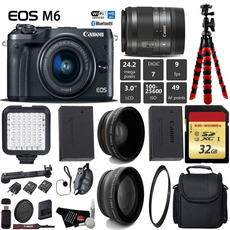 Canon EOS M6 Mirrorless Digital Camera with EF-M 1545mm is STM Lens + LED + UV FLD CPL Filter Kit + Wide Angle & Telepho