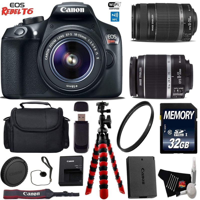 Canon EOS Rebel T6 DSLR Camera 18-55mm is Lens & 55-250mm is II Lens + Flexible Tripod + UV Protection Filter + Professi