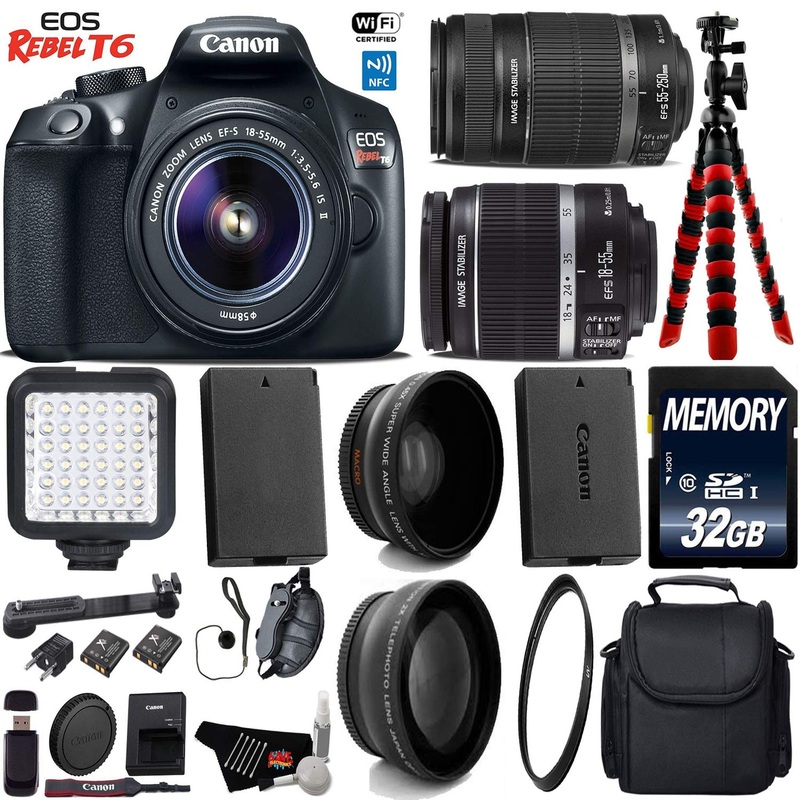Canon EOS Rebel T6 DSLR Camera 18-55mm is Lens & 55-250mm is II Lens + LED + UV FLD CPL Filter Kit + Wide Angle & Teleph