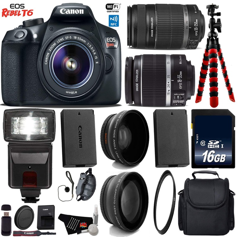 Canon EOS Rebel T6 DSLR Camera with 18-55mm is Lens & 55-250mm is II Lens + Flash + UV FLD CPL Filter Kit + Wide Angle &