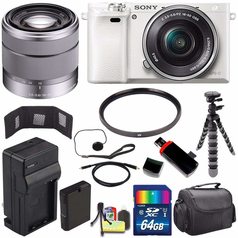 Sony Alpha a6000 Mirrorless Digital Camera with 16-50mm Lens (White) + Sony SEL 1855 18-55mm Zoom Lens + 64GB Bundle 12