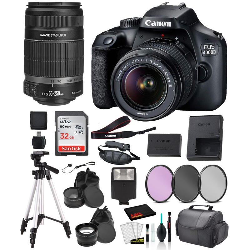 Canon EOS 4000D (Rebel T100) EF-S 18-55mm and EF-S 55-250mm Lens Bundle SanDisk 32gb + Filters + MORE - International