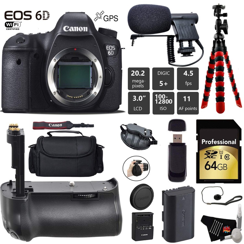 Canon EOS 6D DSLR Camera (Body Only) + Professional Battery Grip + Condenser Microphone + Case + Wrist Strap + Tripod +