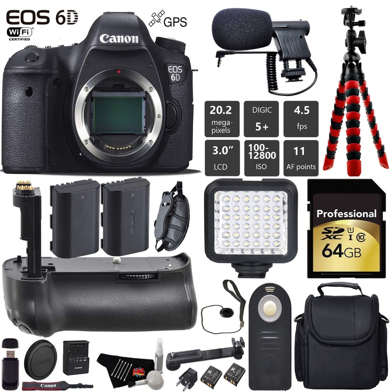 Canon EOS 6D DSLR Camera (Body Only) + Professional Battery Grip + Condenser Microphone + LED Kit + Extra Battery + Case