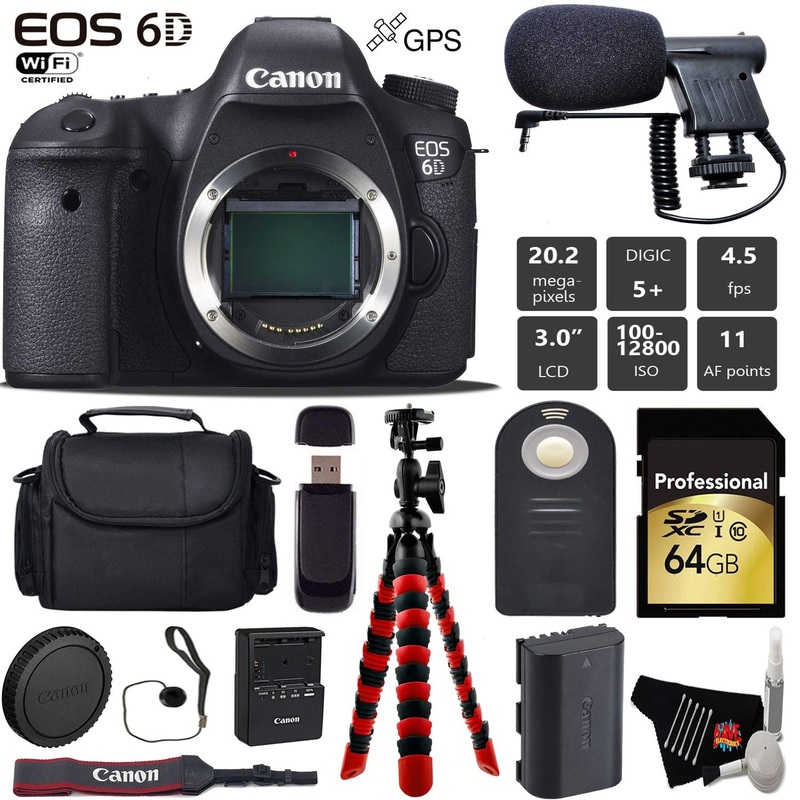 Canon EOS 6D DSLR Camera (Body Only) + Wireless Remote + Condenser Microphone + Case + Wrist Strap + Tripod + Card Reade