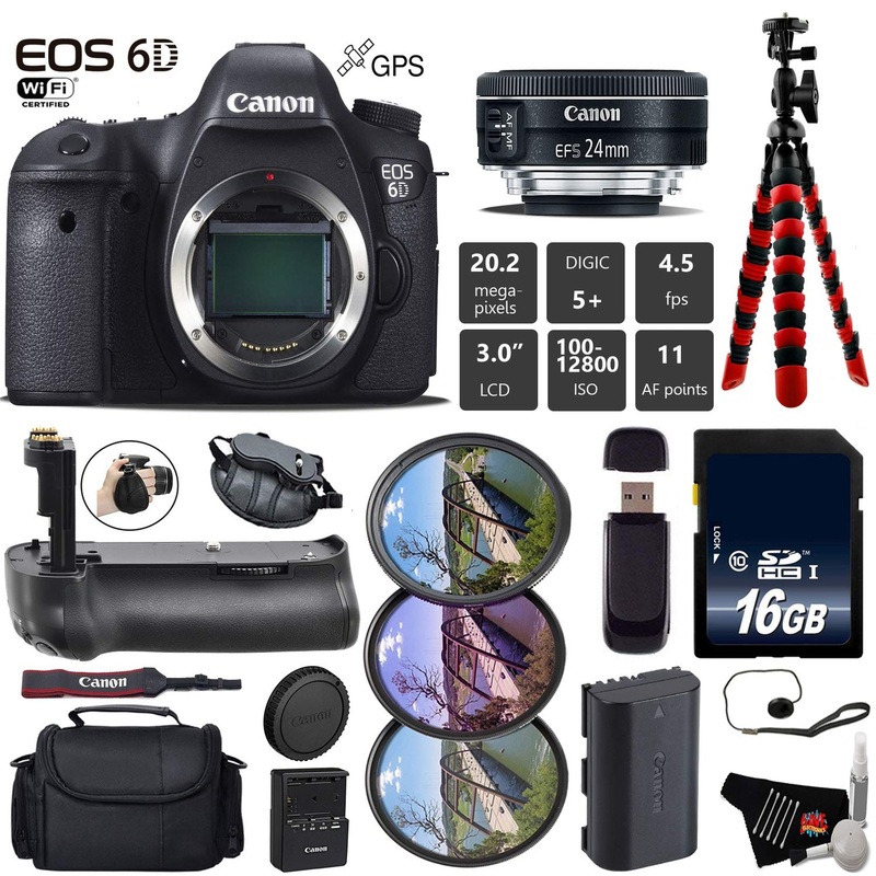 Canon EOS 6D DSLR Camera with 24mm f/2.8 STM Lens + Professional Battery Grip + UV FLD CPL Filter Kit + Case + Wrist Str