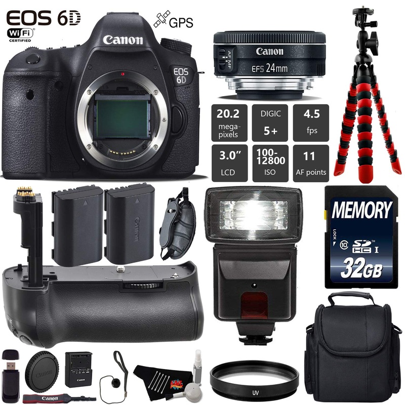 Canon EOS 6D DSLR Camera with 24mm f/2.8 STM Lens + Professional Battery Grip + UV Protection Filter + Flash + Extra Bat