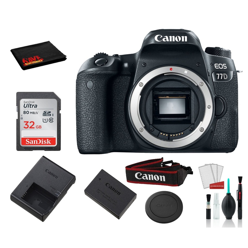 Canon EOS 77D DSLR Camera (Body Only)  Accessory Bundle SanDisk 32gb SD + Deluxe DSLR Cleaning Kit + MORE (1892C001)