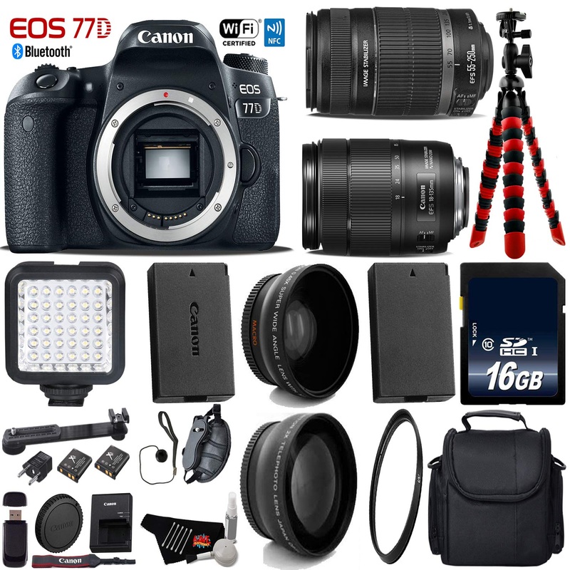 Canon EOS 77D DSLR Camera with 18-135mm is STM Lens & 55-250mm is II Lens + LED + UV FLD CPL Filter Kit + Wide Angle & T