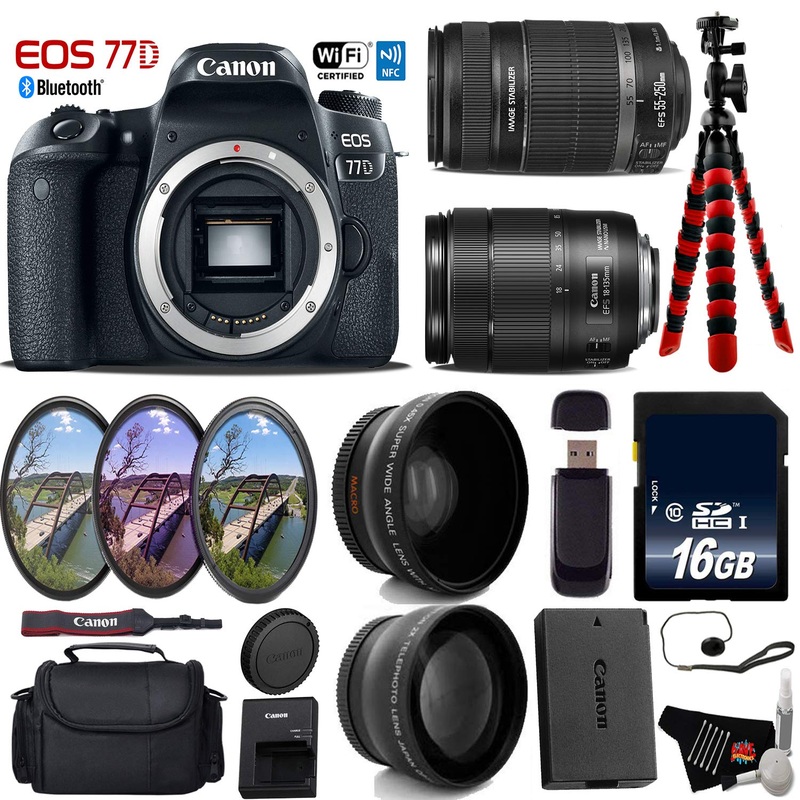 Canon EOS 77D DSLR Camera with 18-135mm is STM Lens & 55-250mm is II Lens + UV FLD CPL Filter Kit + Wide Angle & Telepho