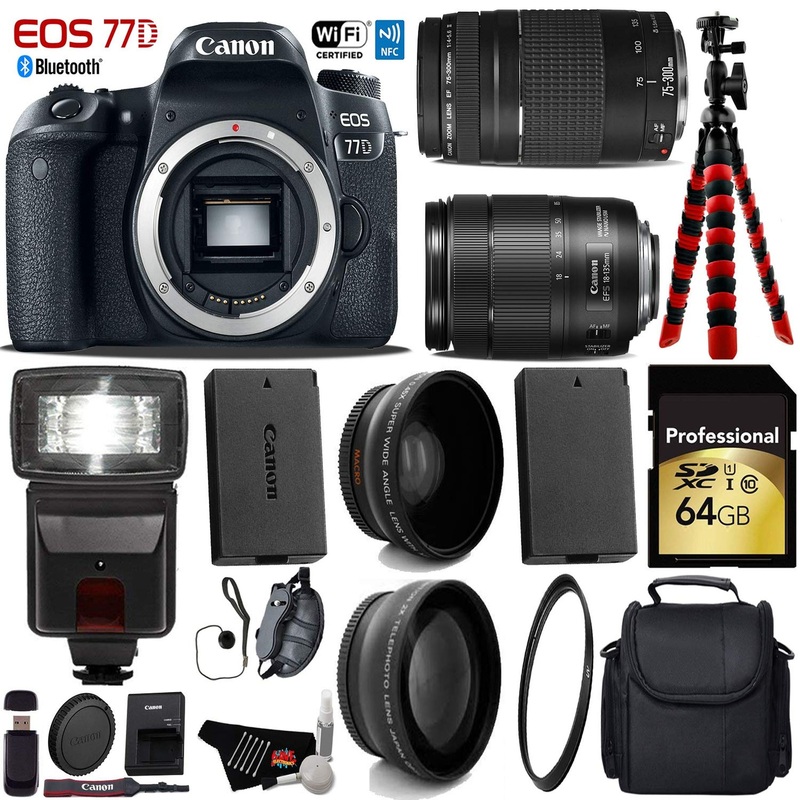 Canon EOS 77D DSLR Camera with 18-135mm is USM Lens & 75-300mm III Lens + Flash + UV FLD CPL Filter Kit + Wide Angle& Te