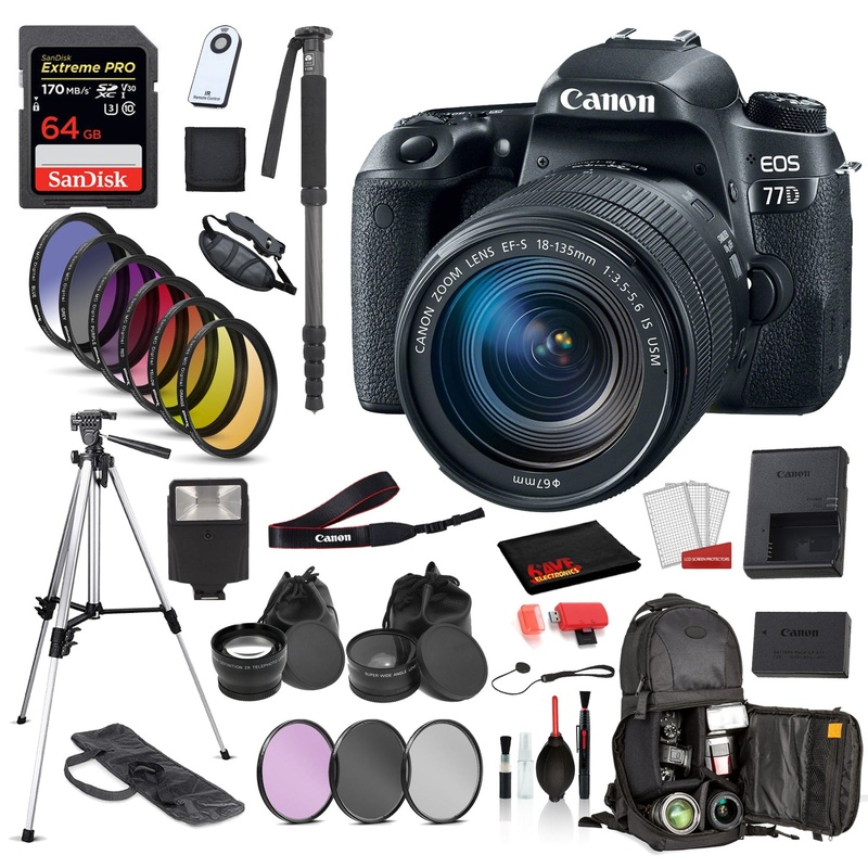 Canon EOS 77D DSLR Camera with 18-135mm Lens  Bundle ?SanDisk Extreme Pro 64gb SD + Sling Backpack + MORE