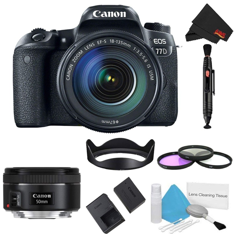Canon EOS 77D DSLR Camera with 18-135mm Lens Bundle w/ 3 Piece Filter Kit + Bonus 50mm Lens (International Model)