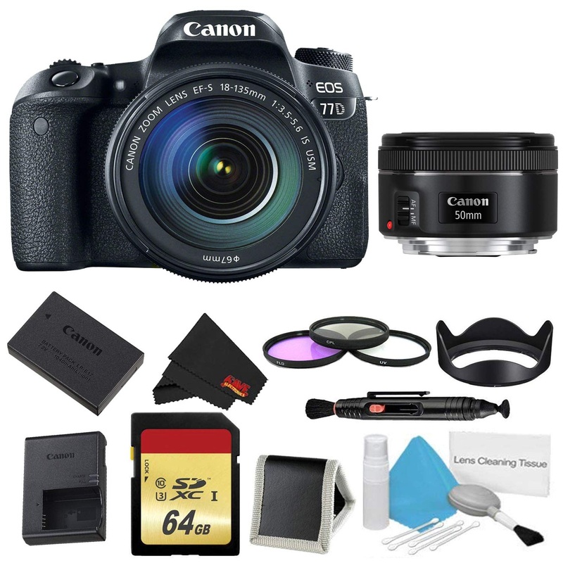 Canon EOS 77D DSLR Camera with 18-135mm Lens Bundle w/ 3 Piece Filter & Memory Kit + Bonus 50mm Lens (International Mode