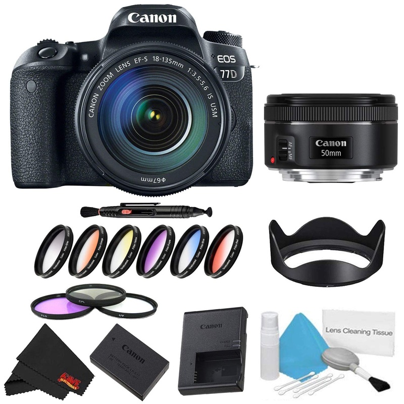 Canon EOS 77D DSLR Camera with 18-135mm Lens Bundle w/ 9 Piece Filter Kit + Bonus 50mm Lens (International Model)