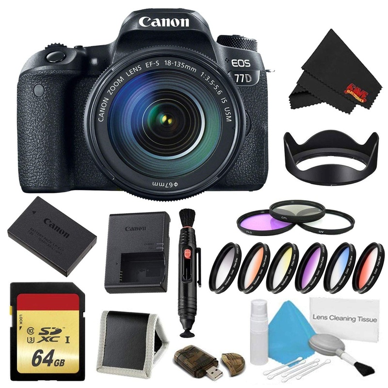 Canon EOS 77D DSLR Camera with 18-135mm Lens Bundle w/ 9 Piece Filter & Memory Kit (International Model)