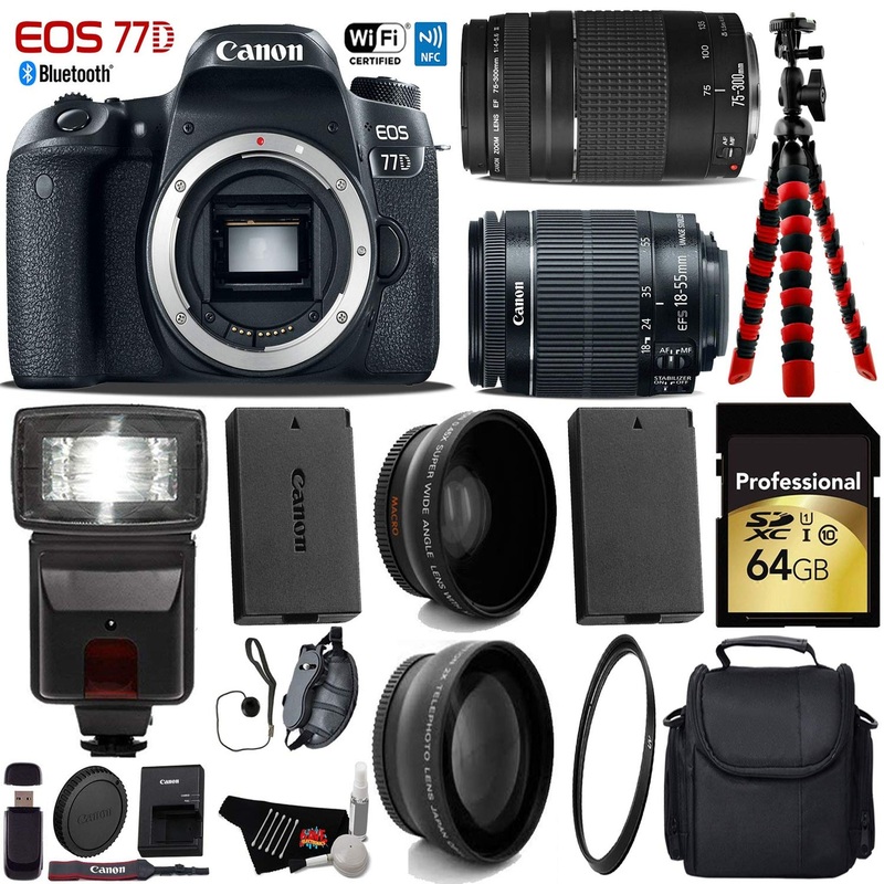 Canon EOS 77D DSLR Camera with 18-55mm is STM Lens & 75-300mm III Lens + Flash + UV FLD CPL Filter Kit + Wide Angle & Te