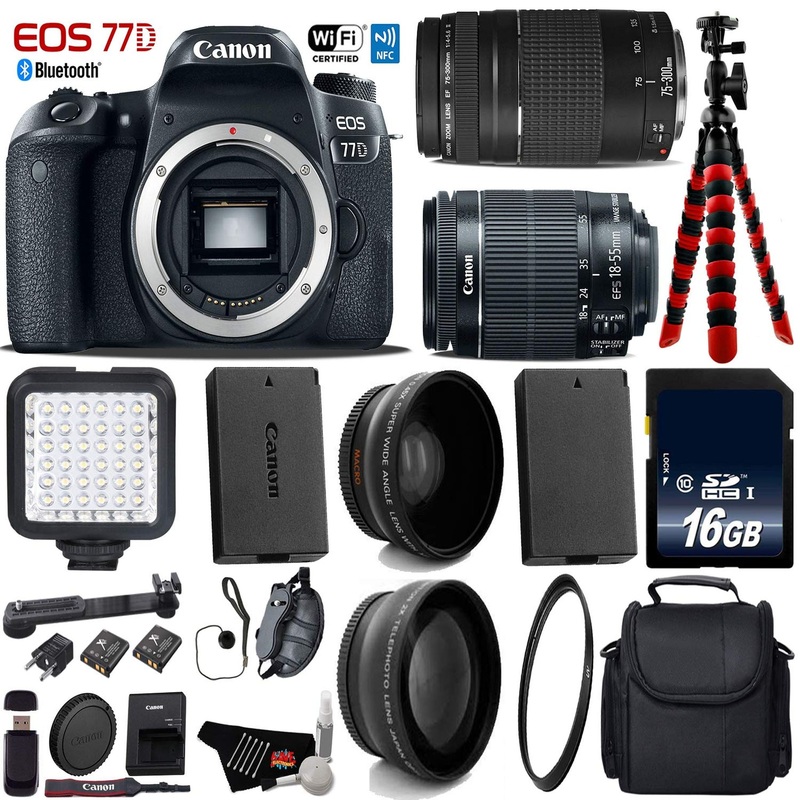 Canon EOS 77D DSLR Camera with 18-55mm is STM Lens & 75-300mm III Lens + LED + UV FLD CPL Filter Kit + Wide Angle & Tele