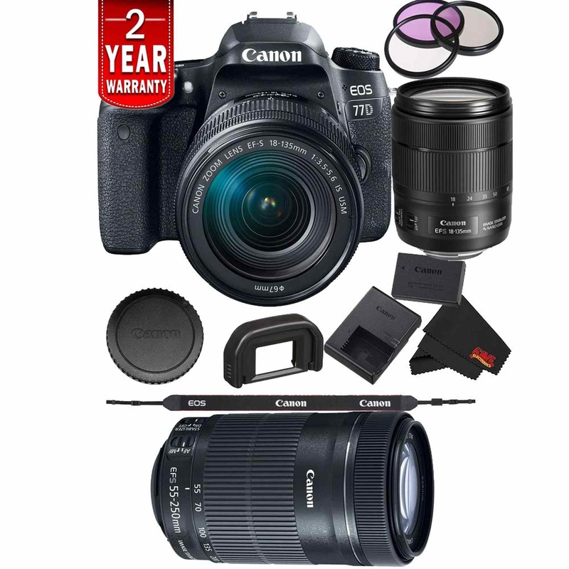 Canon EOS 77D DSLR Digital Camera 18-135mm Lens International Model Bundle + Canon 55-250 STM Lens