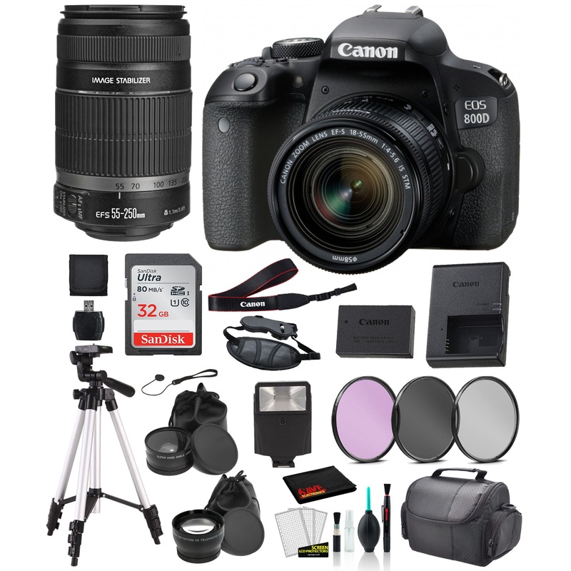 Canon EOS 800D (250mm Rebel T7i) 18-55mm IS STM and EF-S 55-Lens Bundle SanDisk 32gb + Filters + MORE - International
