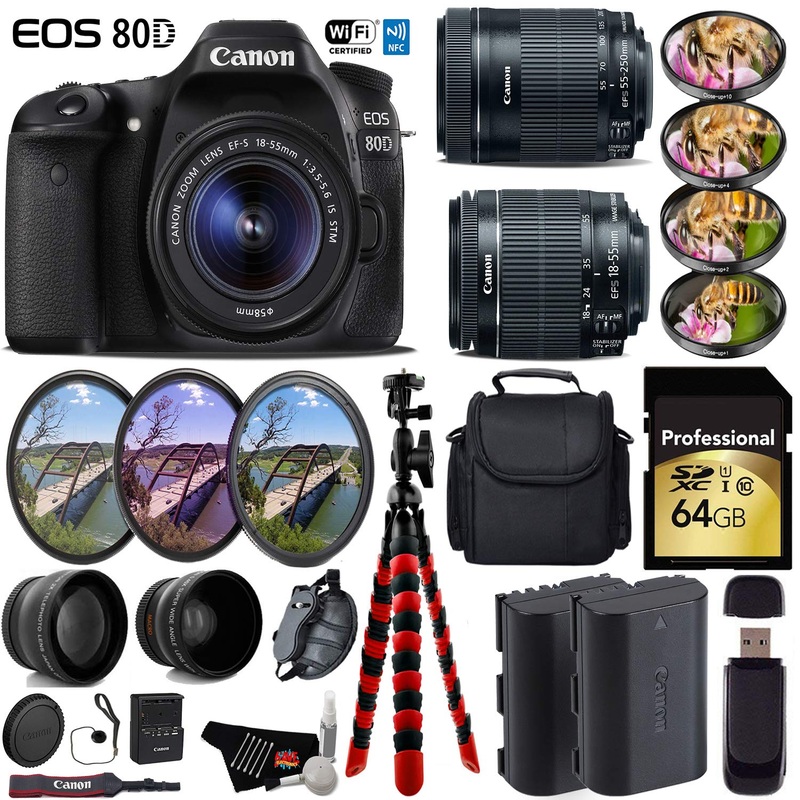 Canon EOS 80D DSLR Camera + 18-55mm is STM Lens & 55-250mm is STM Lens + UV FLD CPL Filter Kit + 4 PC Macro Kit + Wide A