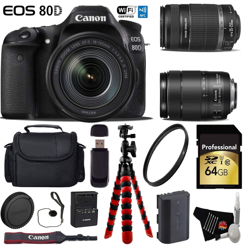 Canon EOS 80D DSLR Camera with 18-135mm is STM Lens & 55-250mm is II Lens + Flexible Tripod + UV Protection Filter + Pro