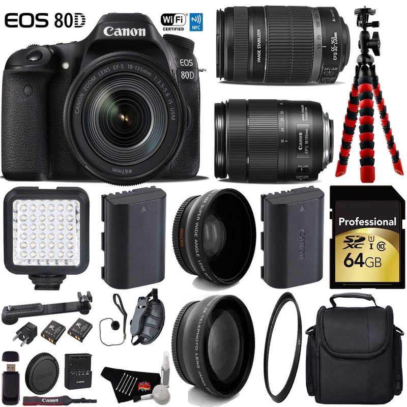 Canon EOS 80D DSLR Camera with 18-135mm is STM Lens & 55-250mm is II Lens + LED + UV FLD CPL Filter Kit + Wide Angle & T