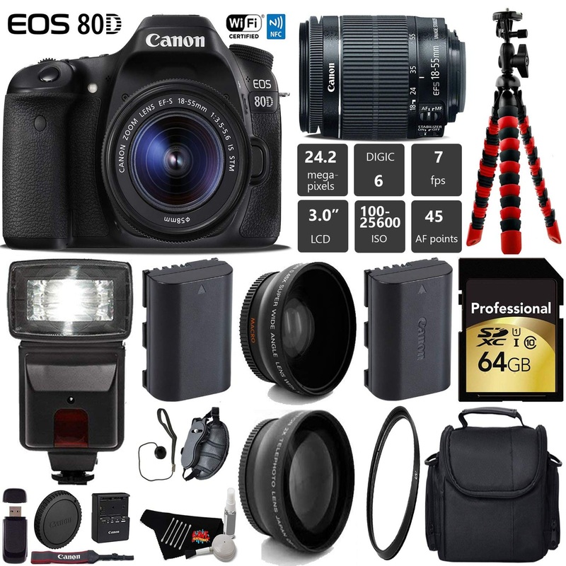 Canon EOS 80D DSLR Camera with 18-55mm is STM Lens + Flash + UV FLD CPL Filter Kit + Wide Angle & Telephoto Lens + Camer