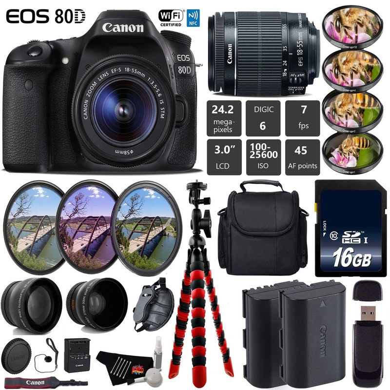 Canon EOS 80D DSLR Camera with 18-55mm is STM Lens + UV FLD CPL Filter Kit + 4 PC Macro Kit + Wide Angle & Telephoto Len