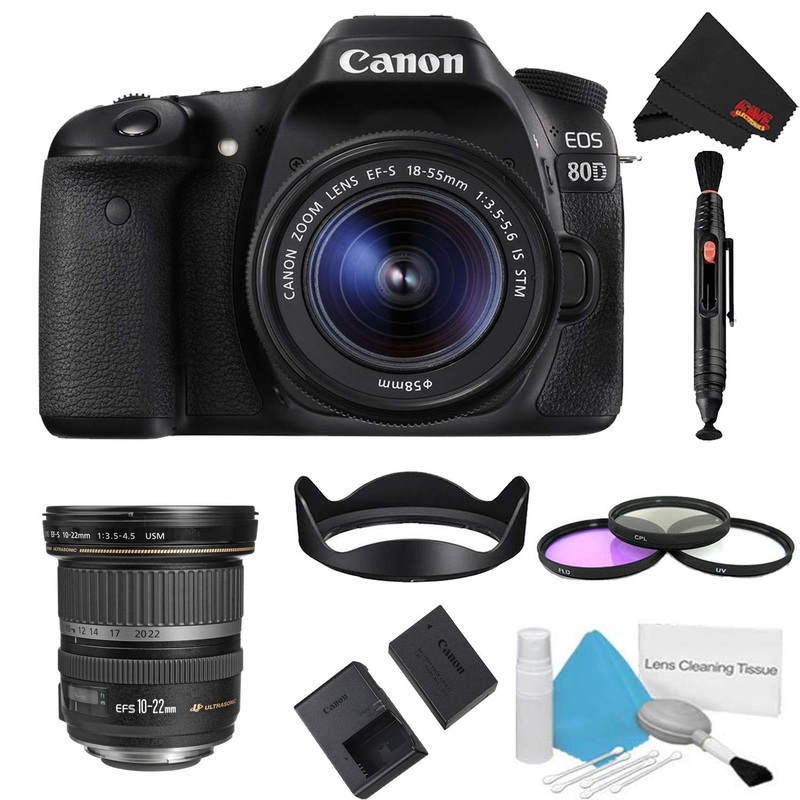 Canon EOS 80D DSLR Camera with 18-55mm Lens Bundle w/ 3 Piece Filter Kit + 10-22mm Lens (International Model)
