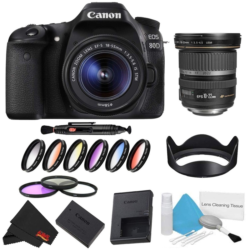 Canon EOS 80D DSLR Camera with 18-55mm Lens Bundle w/ 9 Piece Filter Kit + 10-22mm Lens (International Model)