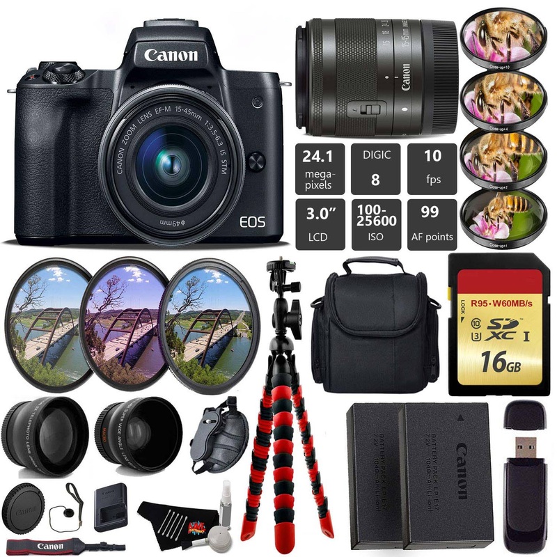 Canon EOS M50 Mirrorless Digital Camera with 15-45mm Lens + UV FLD CPL Filter Kit + 4 PC Macro Kit + Wide Angle & Teleph