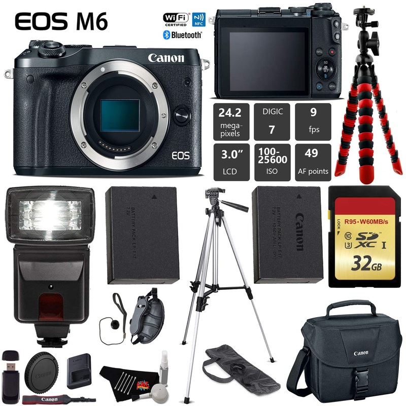 Canon EOS M6 Mirrorless Digital Camera (Black, Body Only) + 32GB Class 10 Memory Card + Flash + Canon Camera Case + Flex