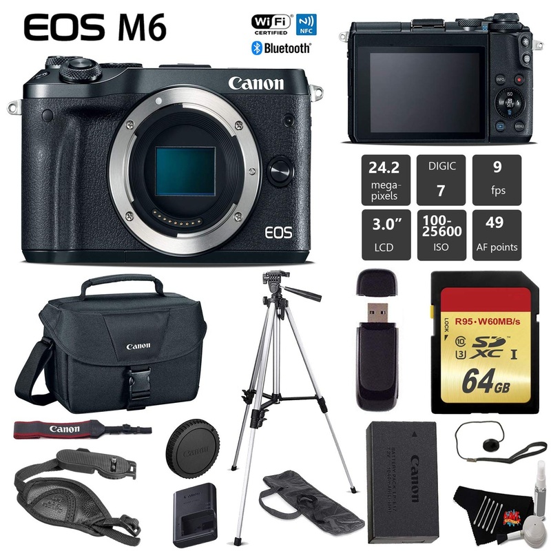 Canon EOS M6 Mirrorless Digital Camera (Black, Body Only) + 64GB Class 10 Memory Card + Canon Camera Case + Full Size Tr