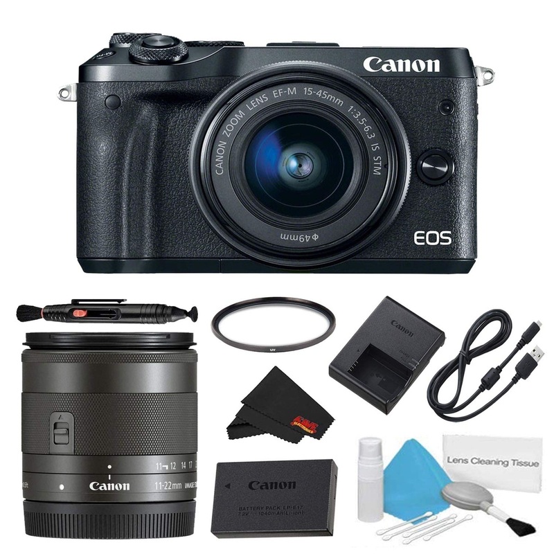 Canon EOS M6 Mirrorless Digital Camera with 15-45mm Lens (Black) Basic Bundle w/Bonus EF-M 11-22MM Lens - International
