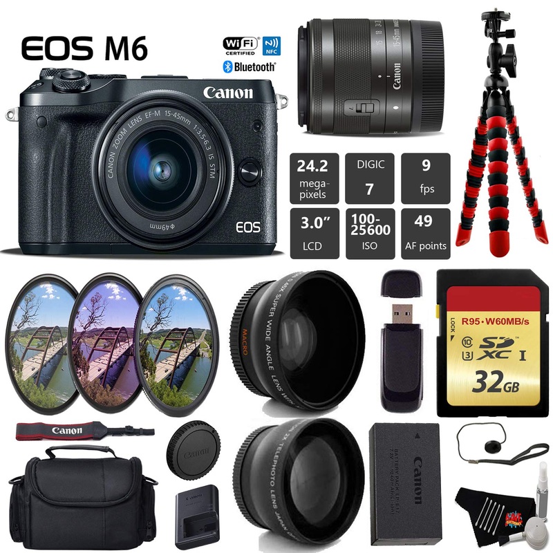 Canon EOS M6 Mirrorless Digital Camera with EF-M 1545mm is STM Lens + UV FLD CPL Filter Kit + Wide Angle & Telephoto Len