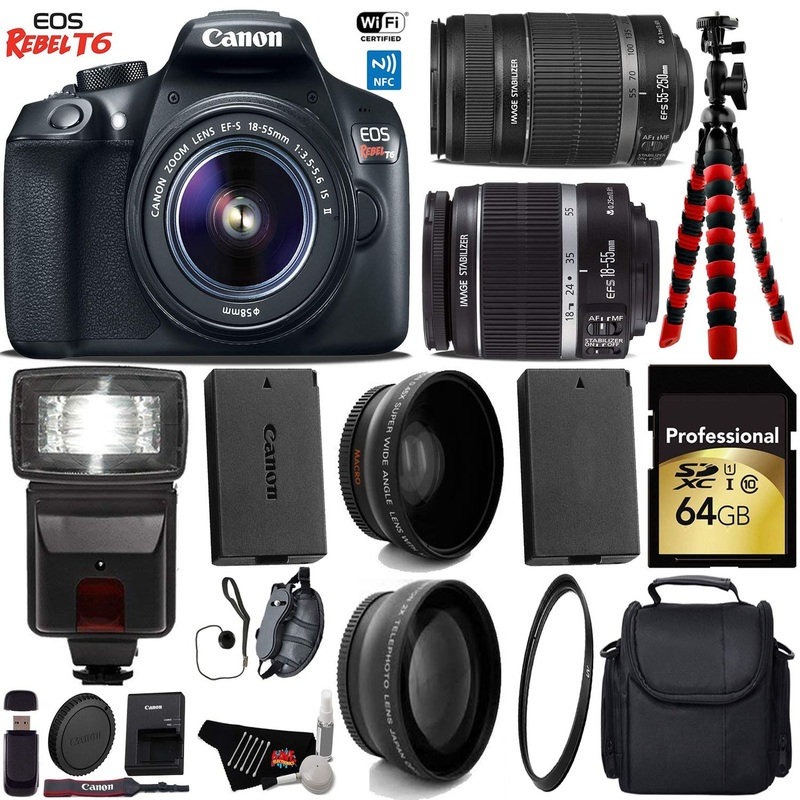 Canon EOS Rebel T6 DSLR Camera 18-55mm is Lens & 55-250mm is II Lens + Flash + UV FLD CPL Filter Kit + Wide Angle & Tele