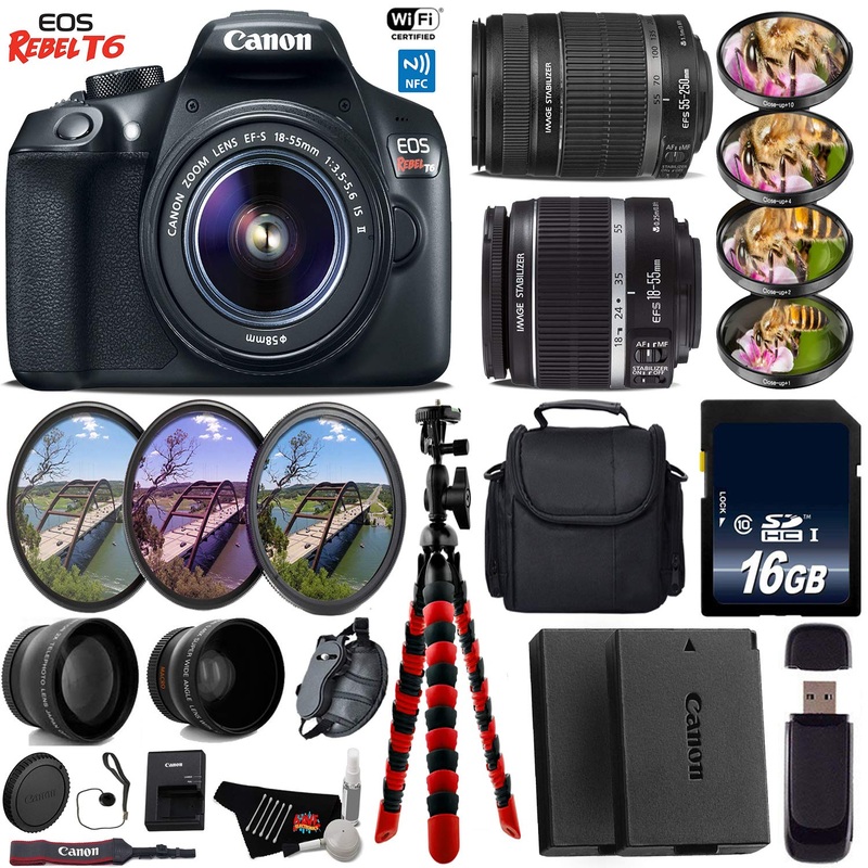 Canon EOS Rebel T6 DSLR Camera + 18-55mm is Lens & 55-250mm is II Lens + UV FLD CPL Filter Kit + 4 PC Macro Kit + Wide A